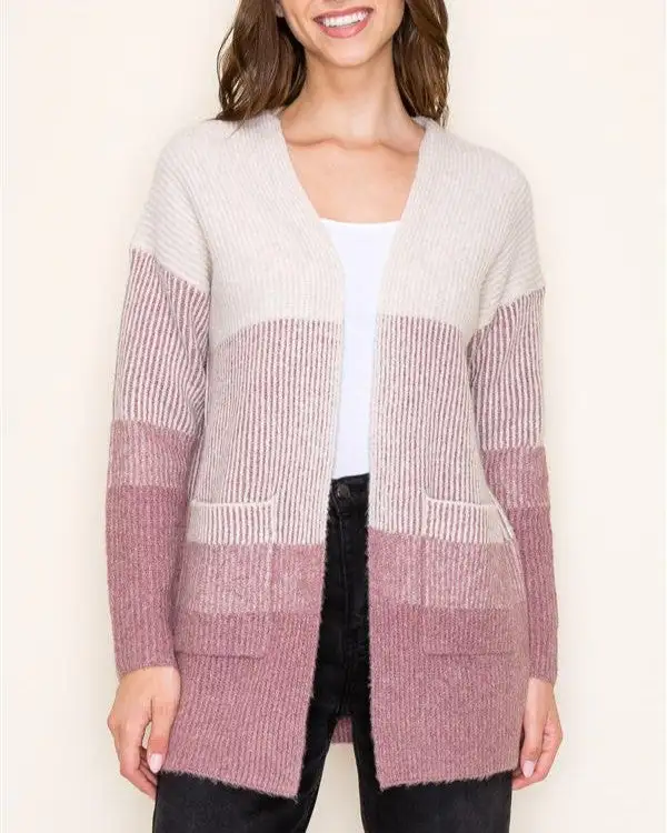 Ribbed Colorblock Cardigan - Dark Mauve