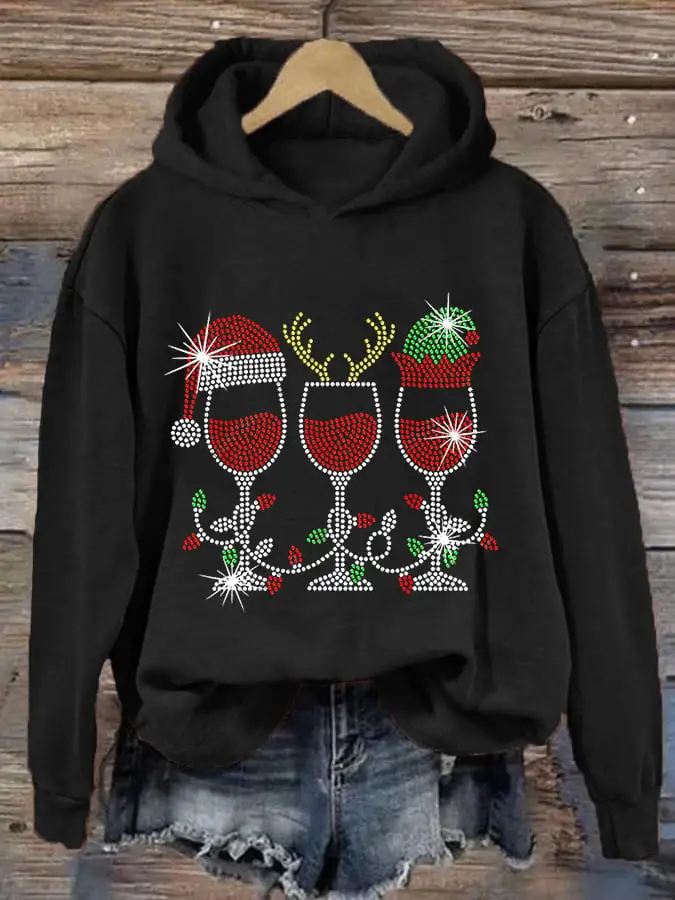 Women's Christmas Elf Deer Santa Hat Red Wine Glass Print Hoodie