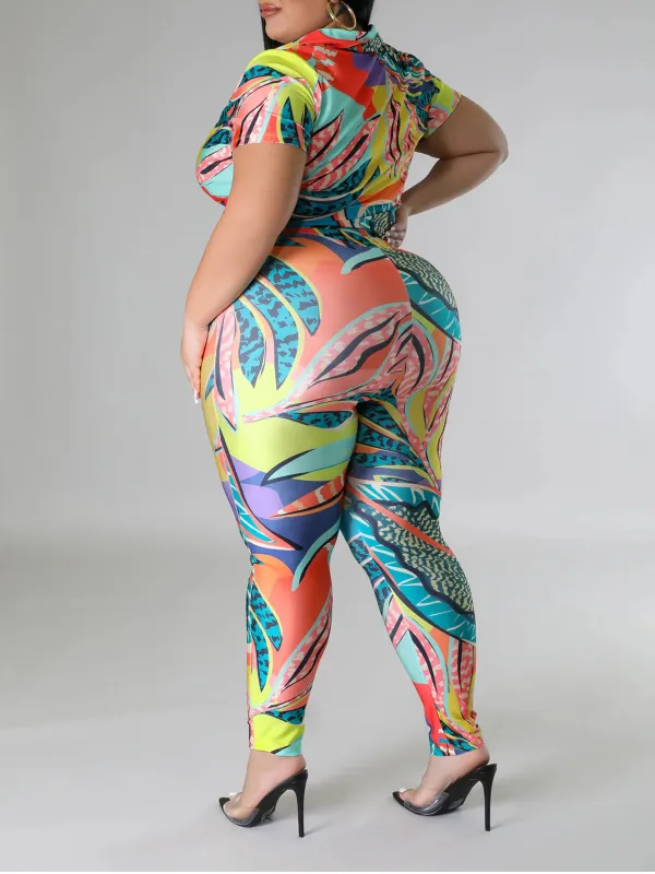 Plus Size Women'S Fashionable Tropical Botanical Print Leggings Set