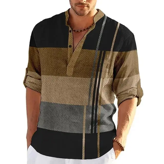 Men's Shirt Plaid / Check Patchwork Graphic Prints Geometry Stand Collar Khaki+Khaki Black White Yellow Light Green Outdoor Street Long Sleeve Print Clothing Apparel Fashion Streetwear Designer Casual