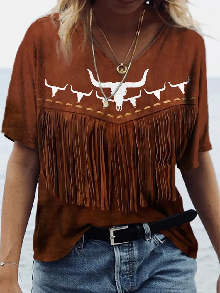 Western Horn Vintage Distressed Leather Fringe Print V-Neck T-Shirt