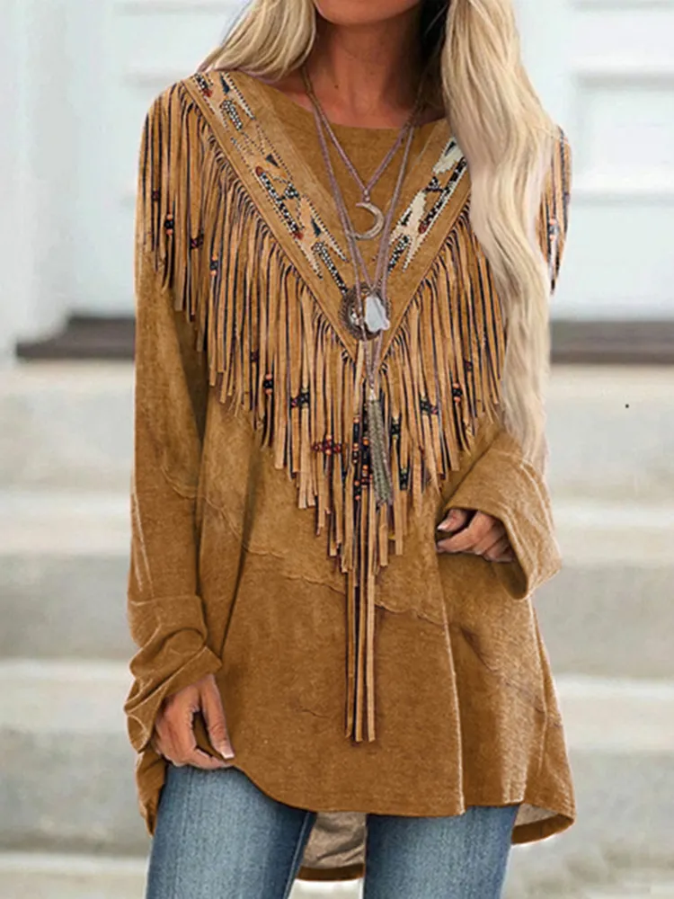 Women's Vintage Tassels Art Round Neck Casual Tunic