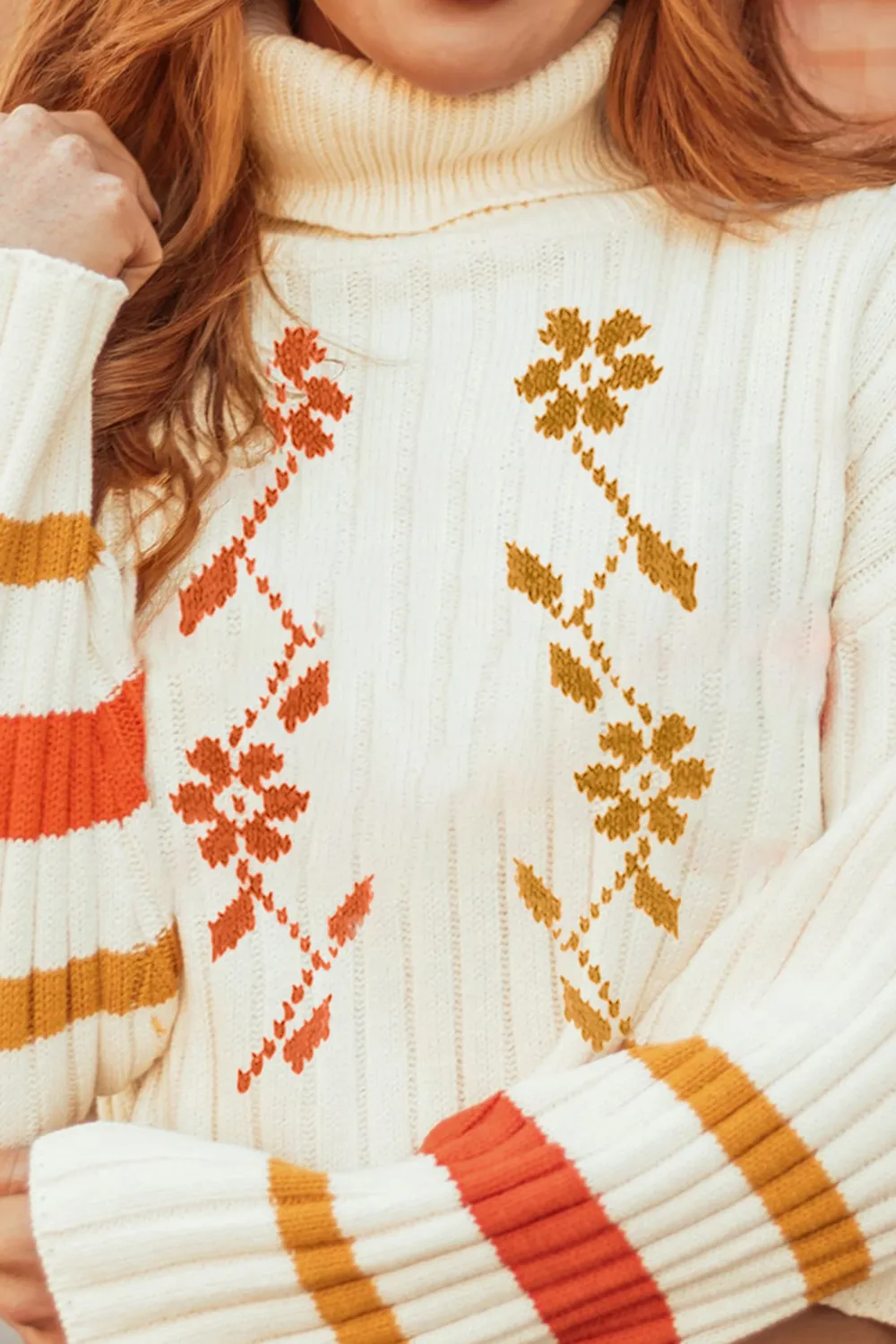 Cream Striped Turtleneck Cropped Sweater