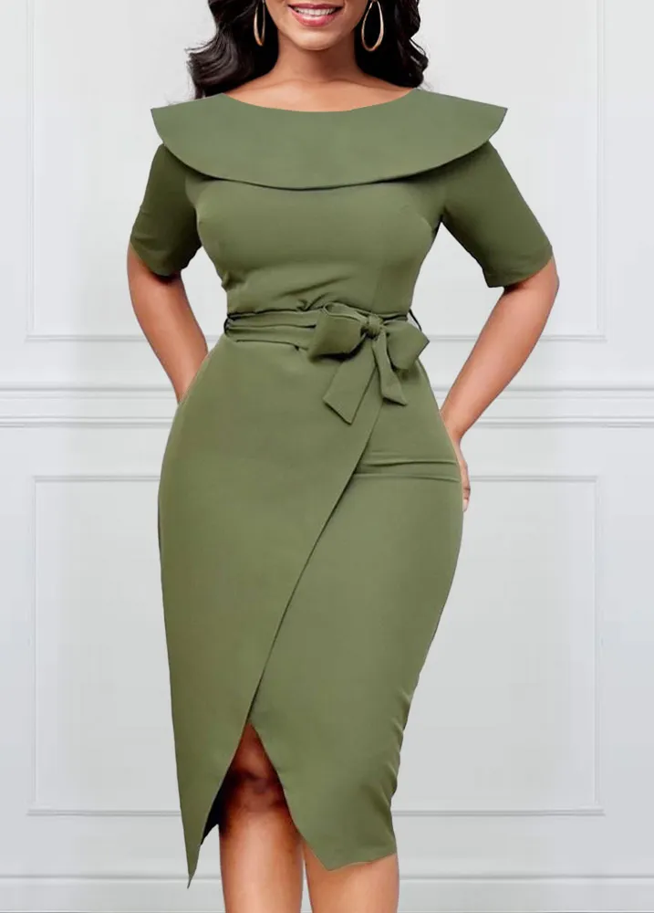 Belted Sage Green Sailor Collar Bodycon Dress