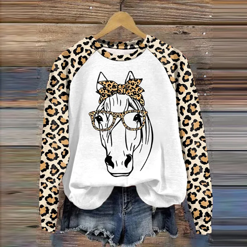 Leopard Print Horse Print Crew Neck Sweatshirt