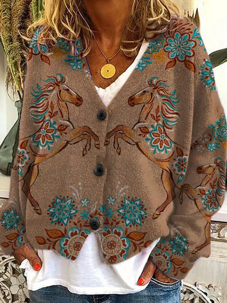 Western Horse Print V-Neck Long Sleeved Knitted Cardigan