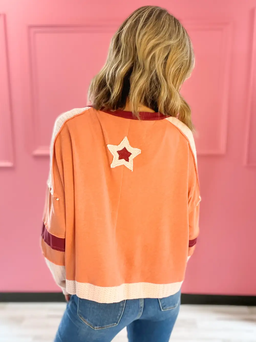 A Star Is Born Star Patch Long Sleeve Cropped Knit Top - B