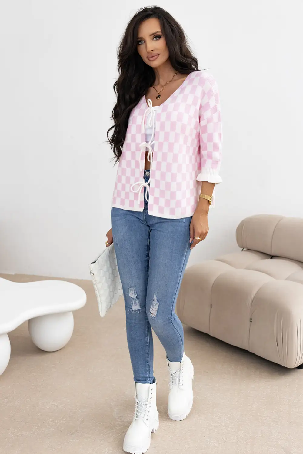 Light Pink Checkered Knitted Lace-up Ruffled 3/4 Sleeve Cardigan