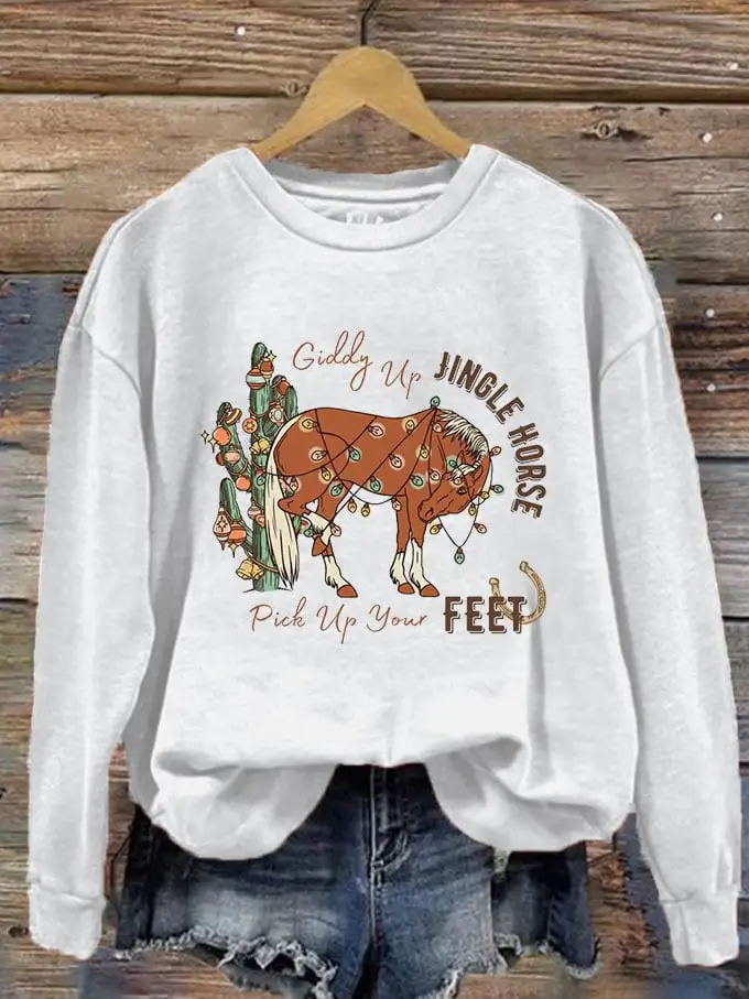 Women's Giddy Up Jingle Horse Pick Up Your Feet Printed Sweatshirt