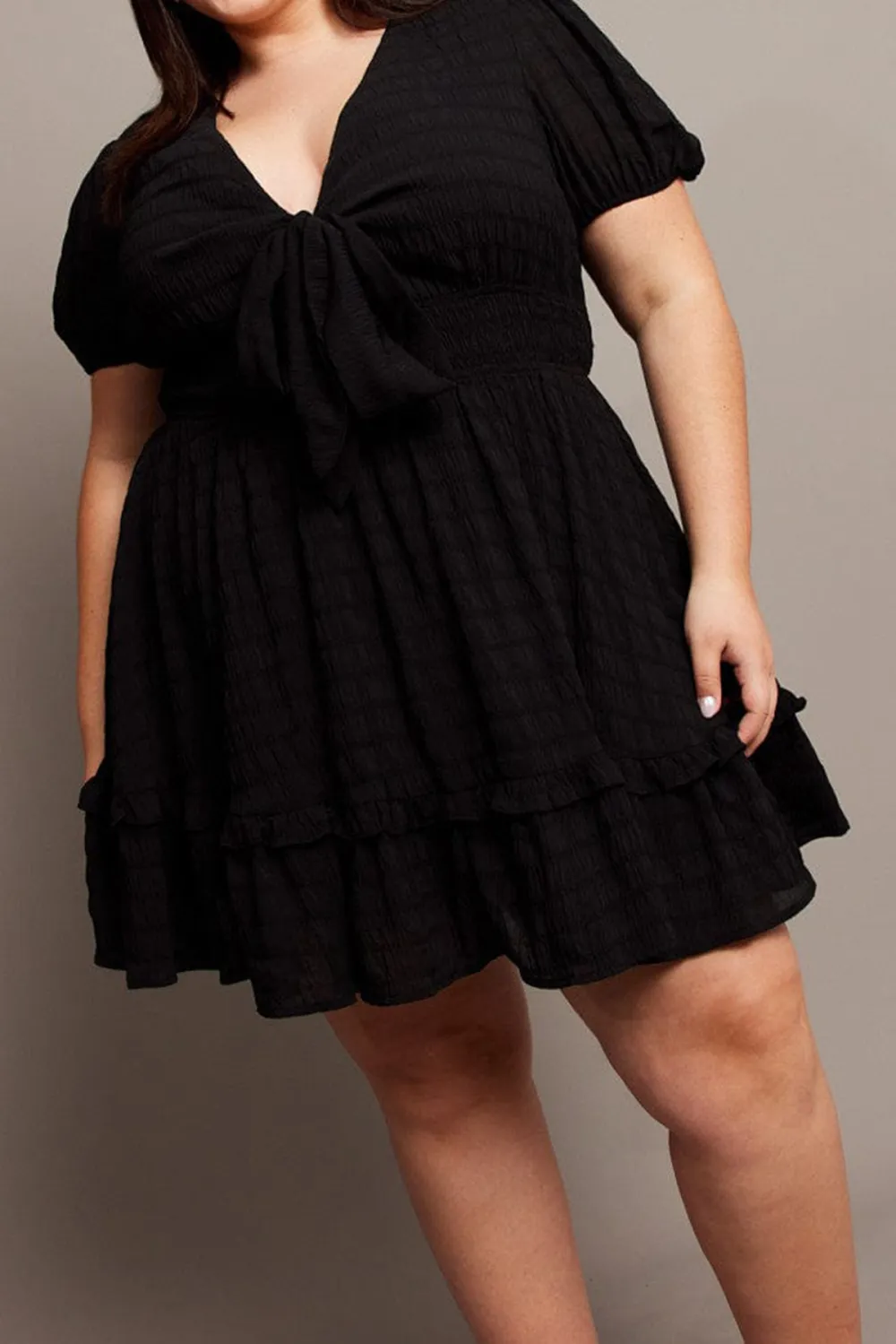 Black Tie Front Textured Frill Hem Minidress