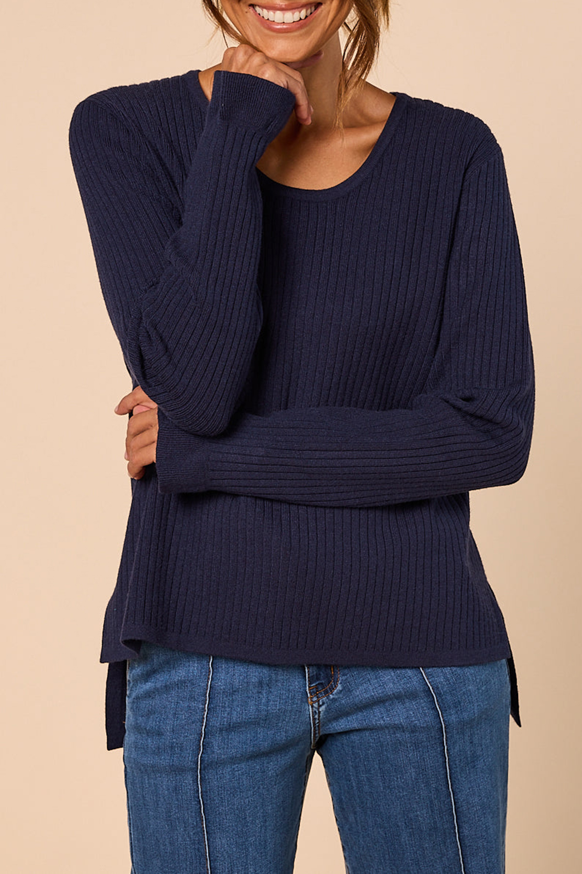 Long Sleeve Knitted Top In Navy