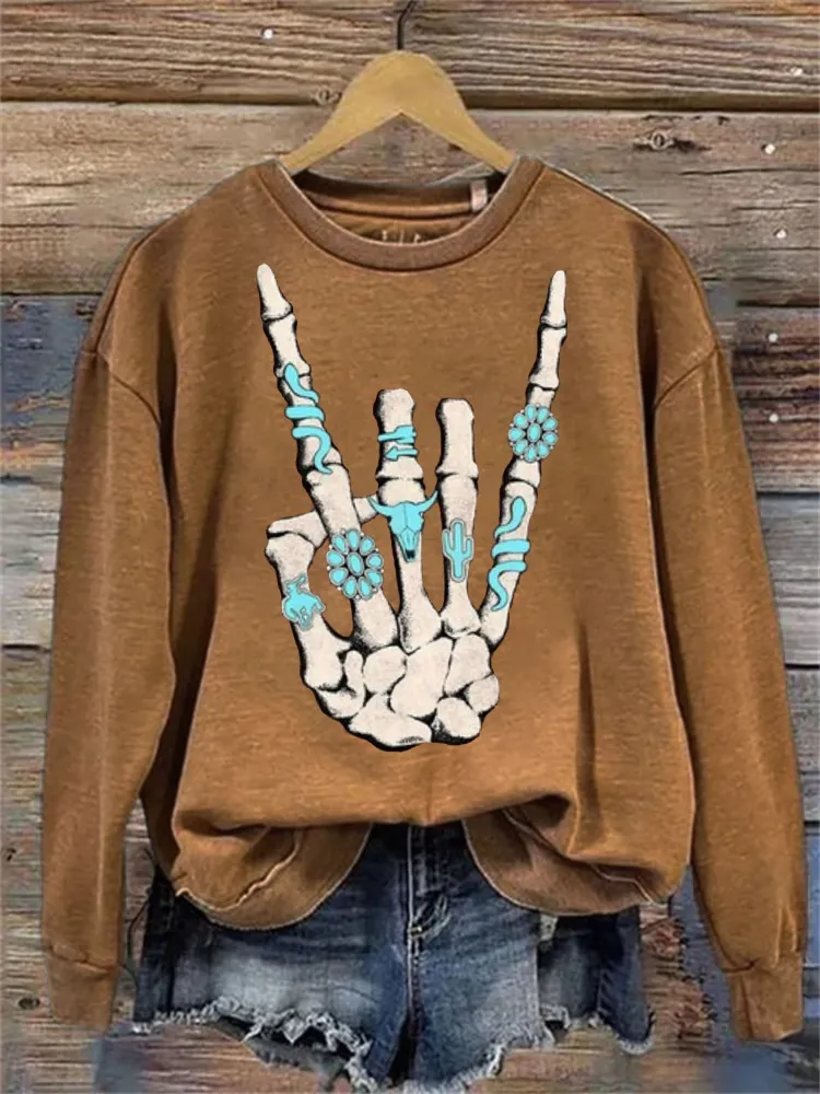 Rock Western Skeleton with Turquoise Washed Sweatshirt