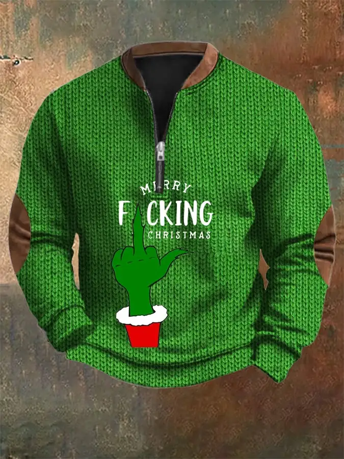 Men's Woolen Christmas Print Zip-Up Sweatshirt