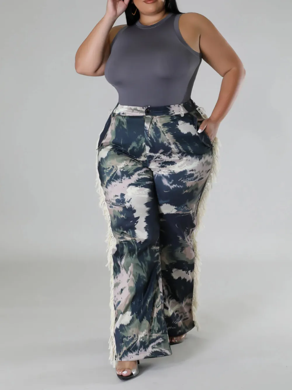 Plus-Size Fashion Women'S Camouflage Pattern Fringe Pants