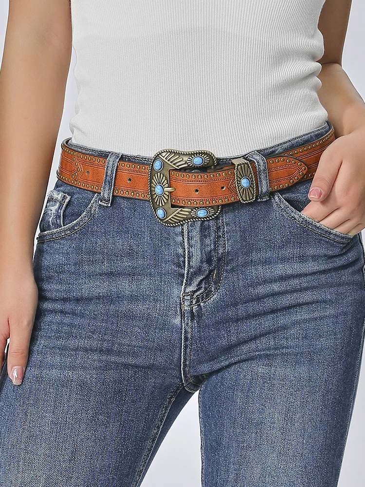 Vintage Western Turquoise Studded Leather Belt