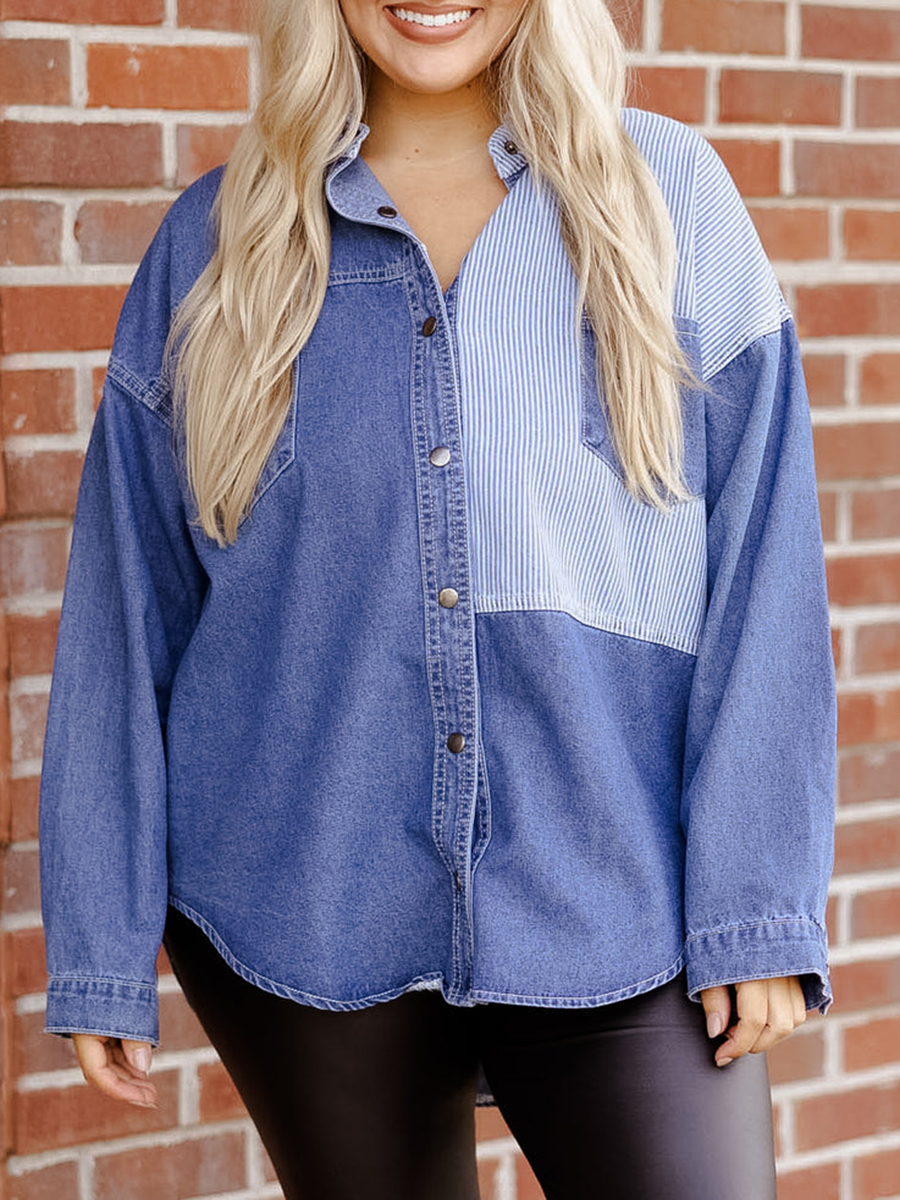 Spliced striped fabric pocket denim shirt