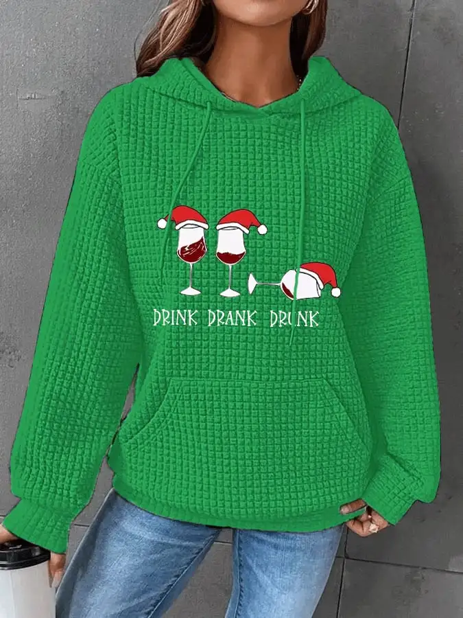 Women's Funny Christmas Drink Drank Drunk Red Wine Glass Casual Waffle Hoodie