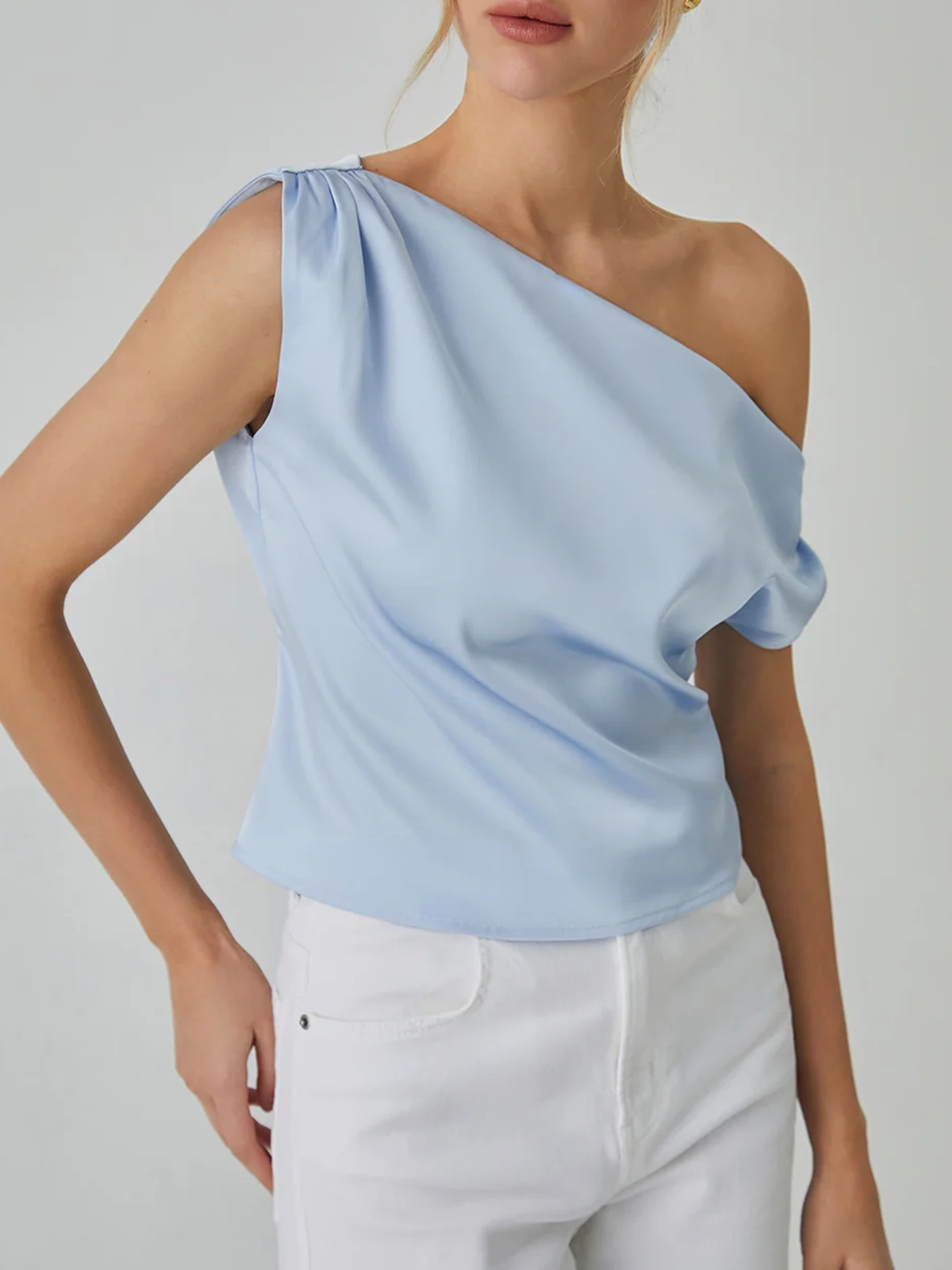 One Shoulder Off Knotted Blouse