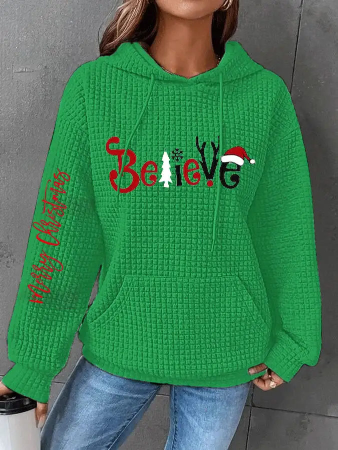 Women's Merry Christmas Christmas Believe Casual Waffle Hoodie