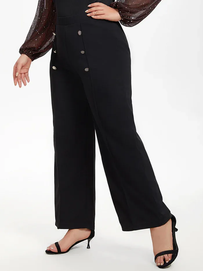 Button Detail Wide Leg Pants