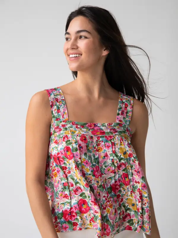 Kate Pleated Tank Top - Bright Pink Floral