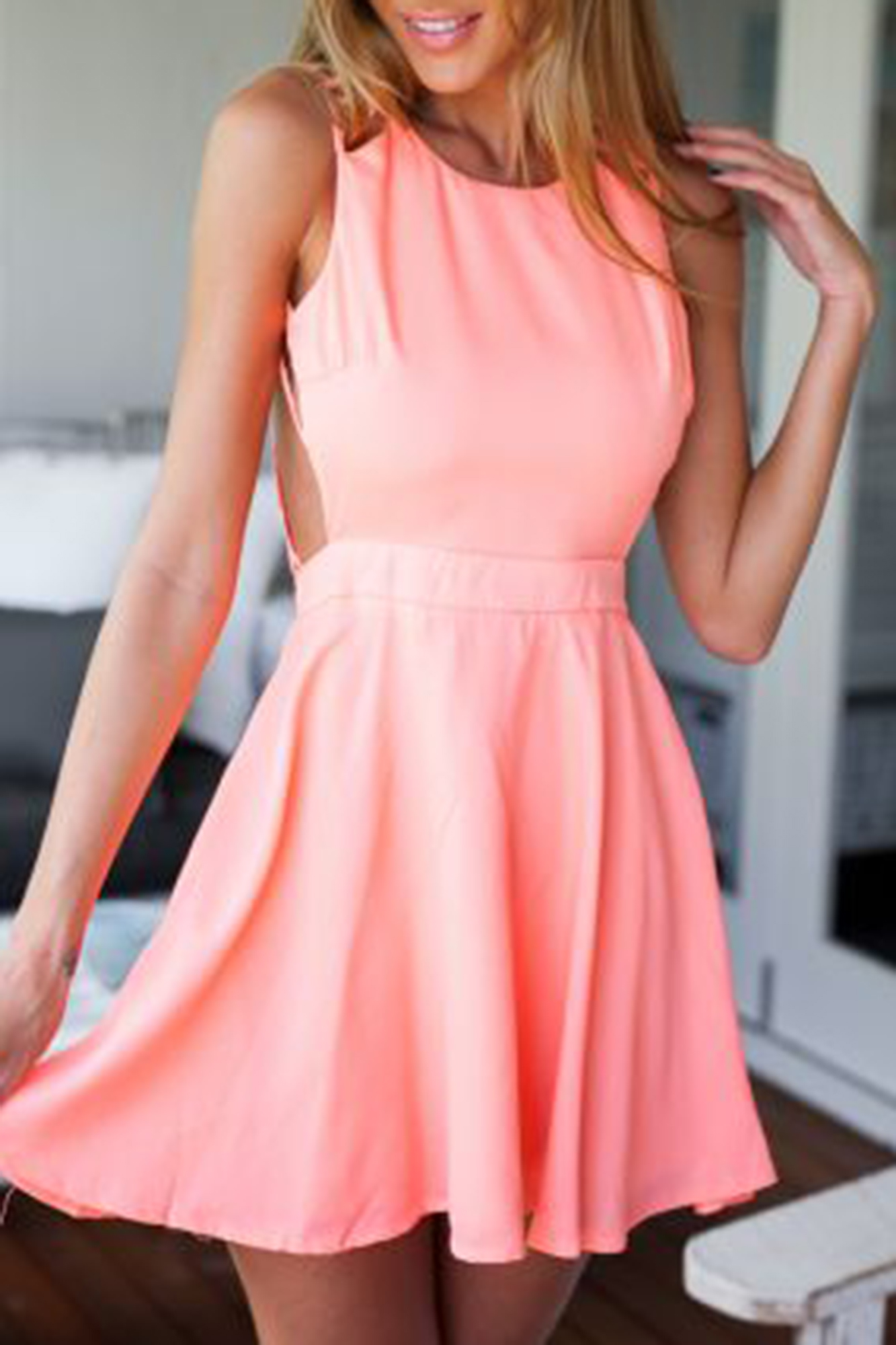 Peach Sleeveless Dress With Lattice Open Back