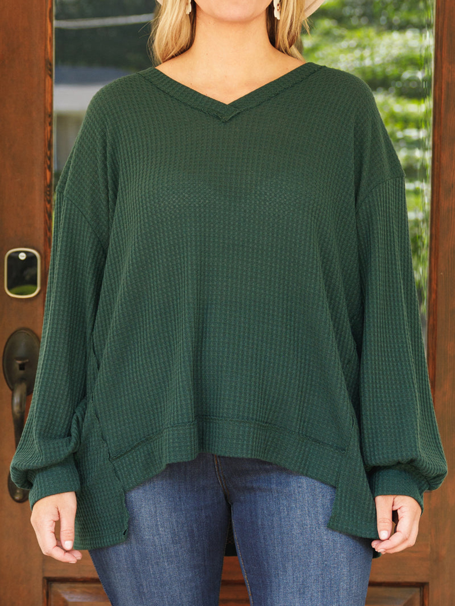 Dark green front short back long lantern sleeve T-shirt