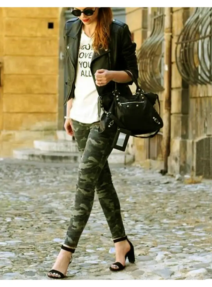 Green Skinny Jeans For Women Femme Camouflage