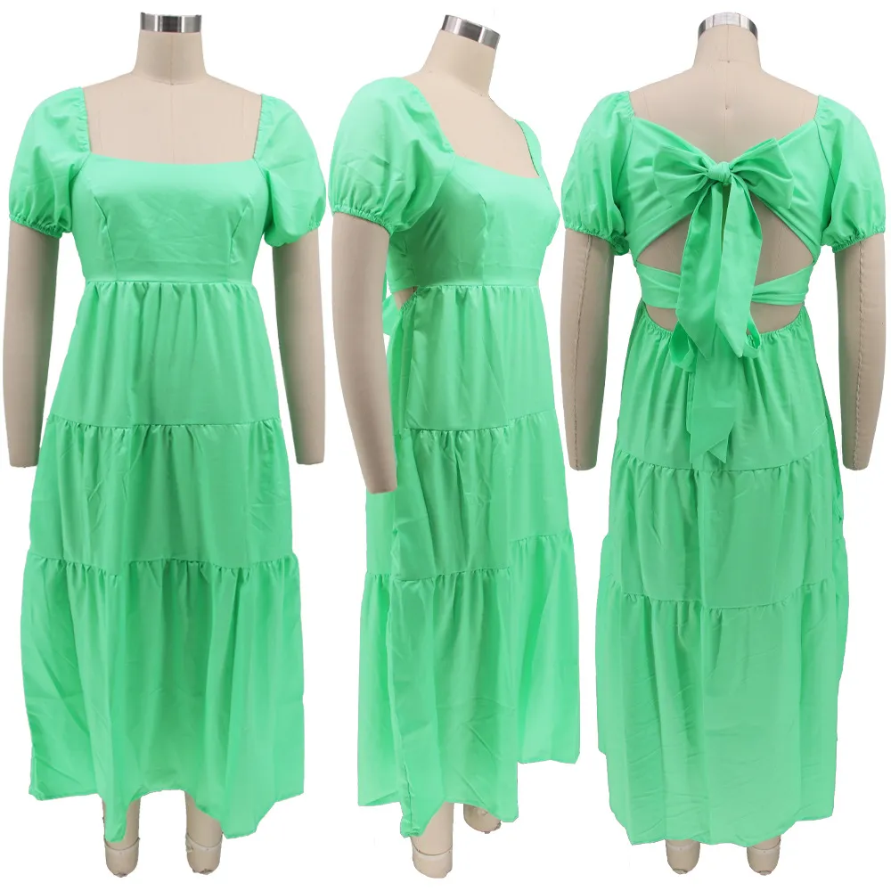 Women Summer  Lace-Up  Short Sleeve With Backside Bow Knot Midi Dress