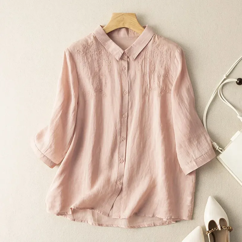 Embroidered Lapel Art Retro Casual Shirt