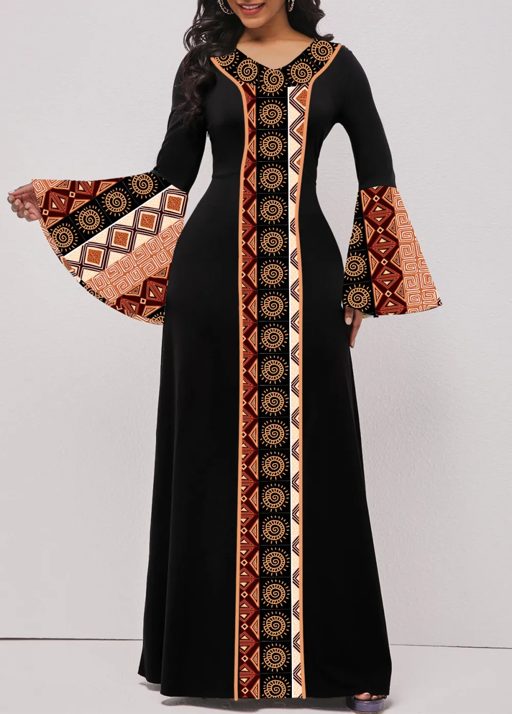 Tribal Print Patchwork Black Long Sleeve Maxi Dress