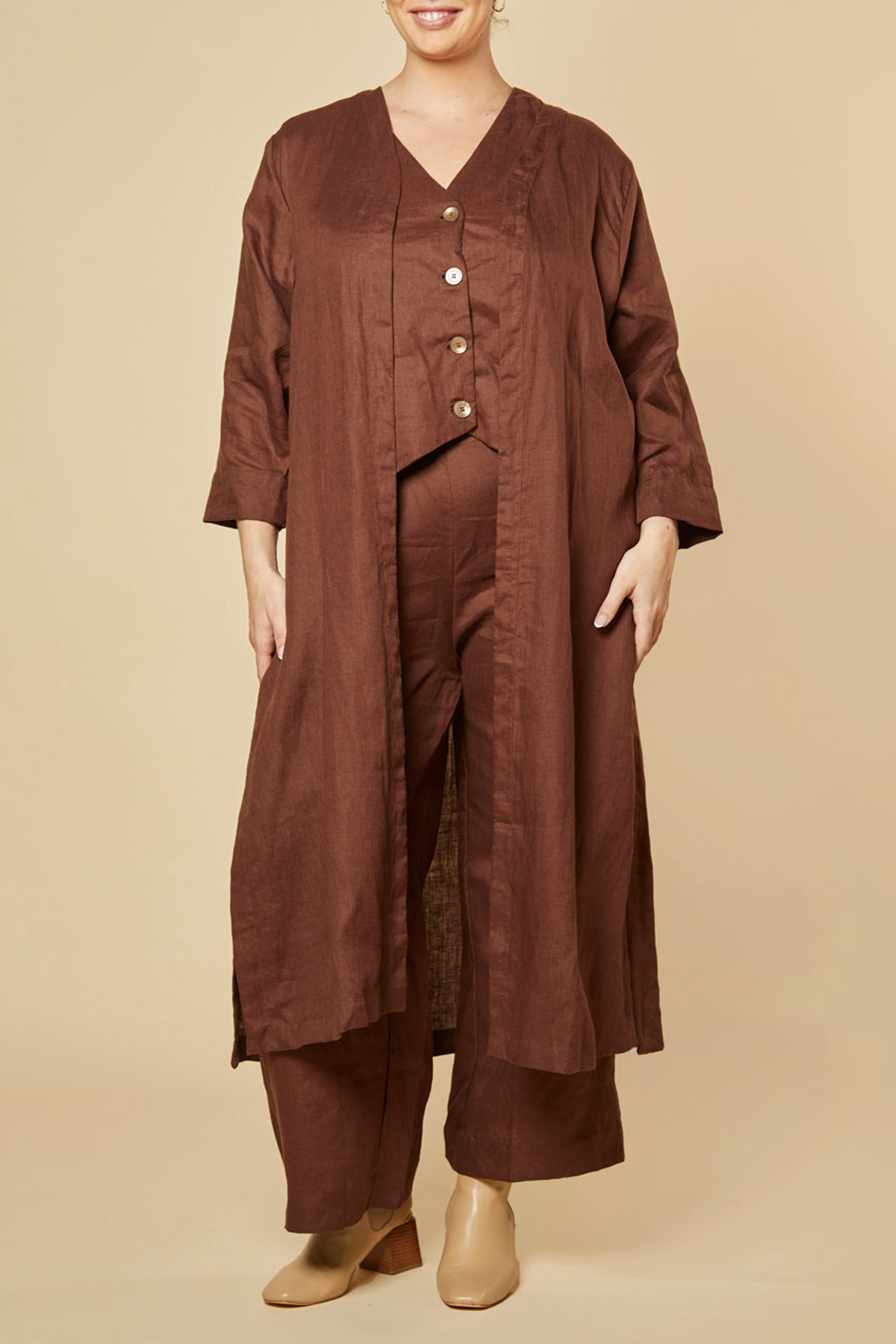 Long Line Linen Duster Jacket In Raisin