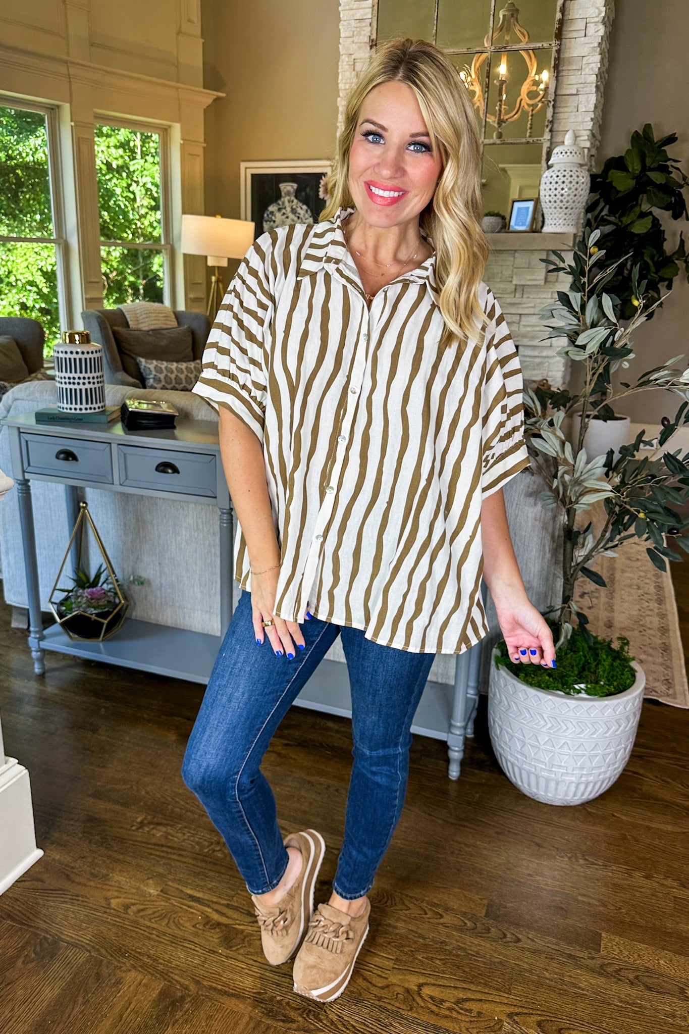 Collared Brown Abstract Striped Button Down Poncho Top