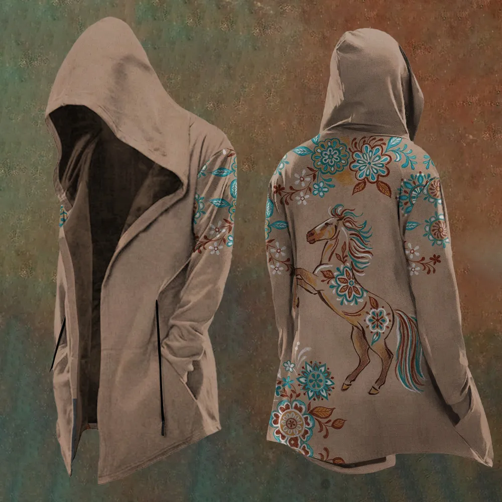 Women'S Retro Western Floral Horse Pattern Hooded Jacket