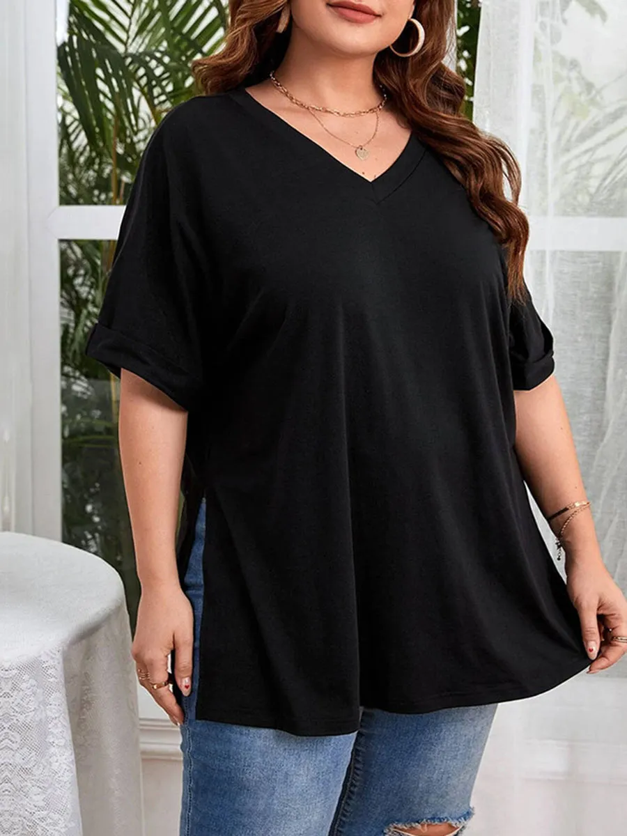 V Neck Cuffed Dolman Sleeve Split Hem Tee