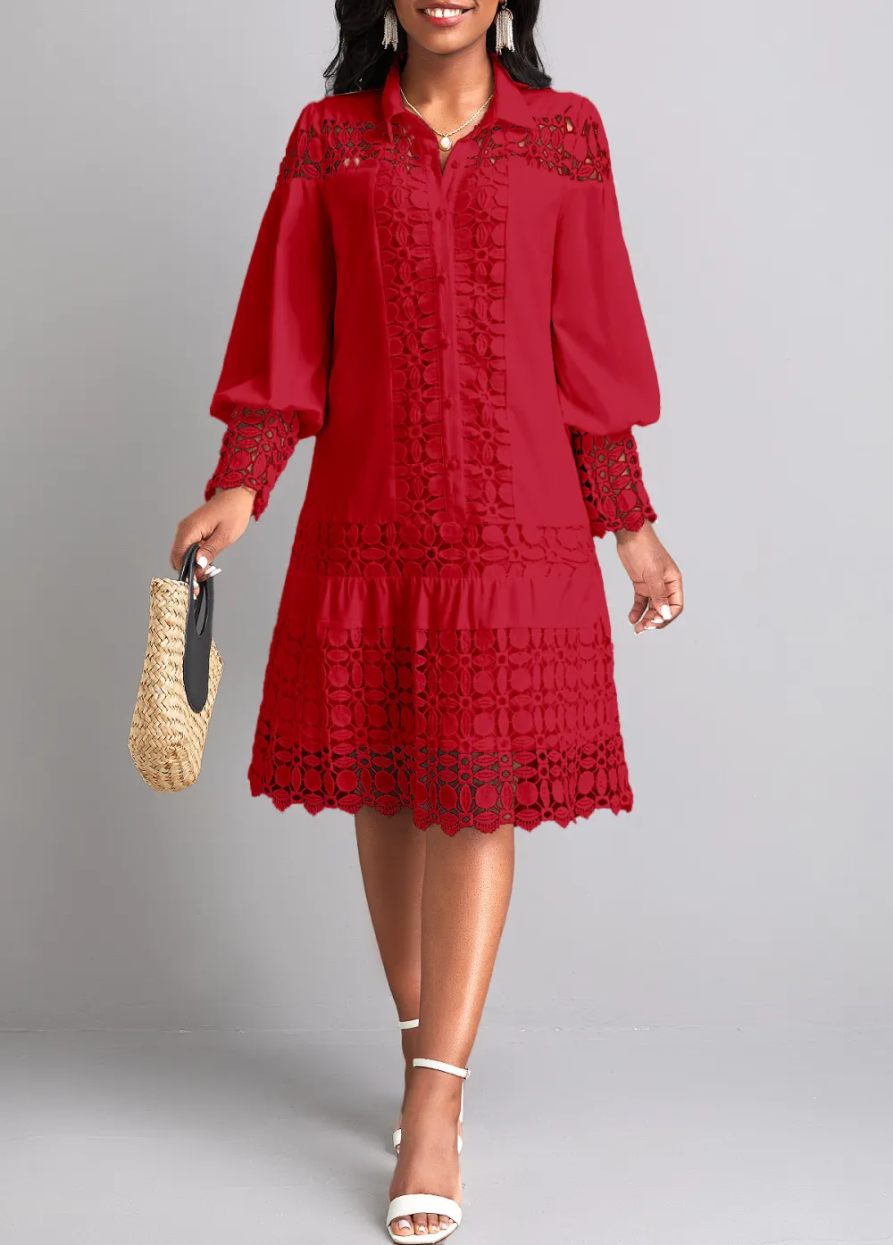 Lace Wine Red Long Sleeve Shirt Collar Shift Dress