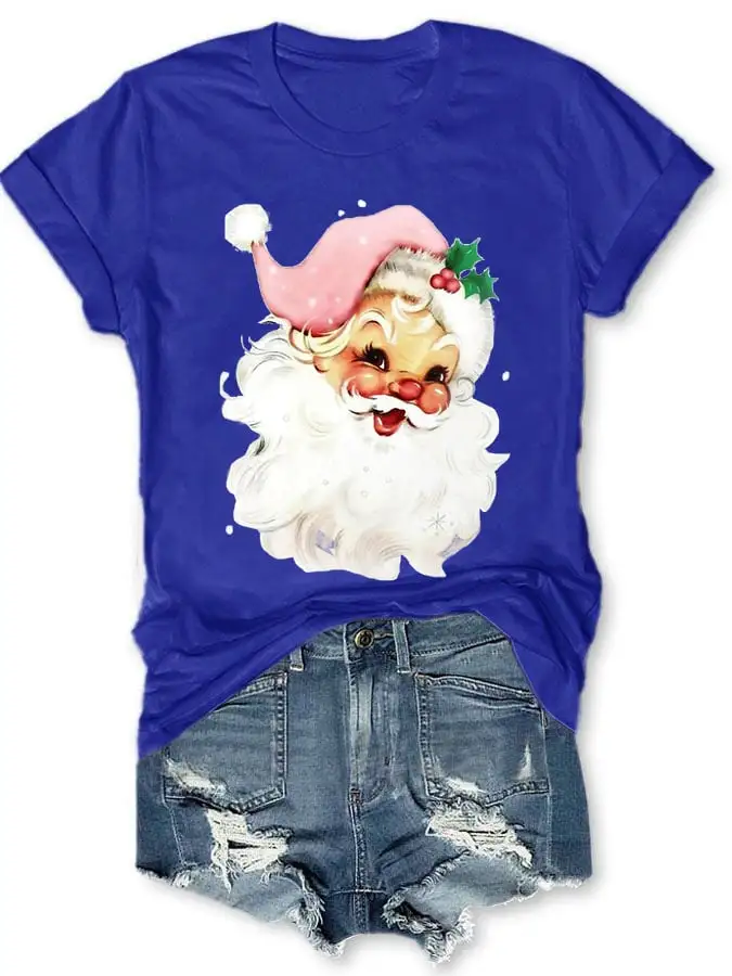 Christmas Retro Pink Santa Print T-Shirt