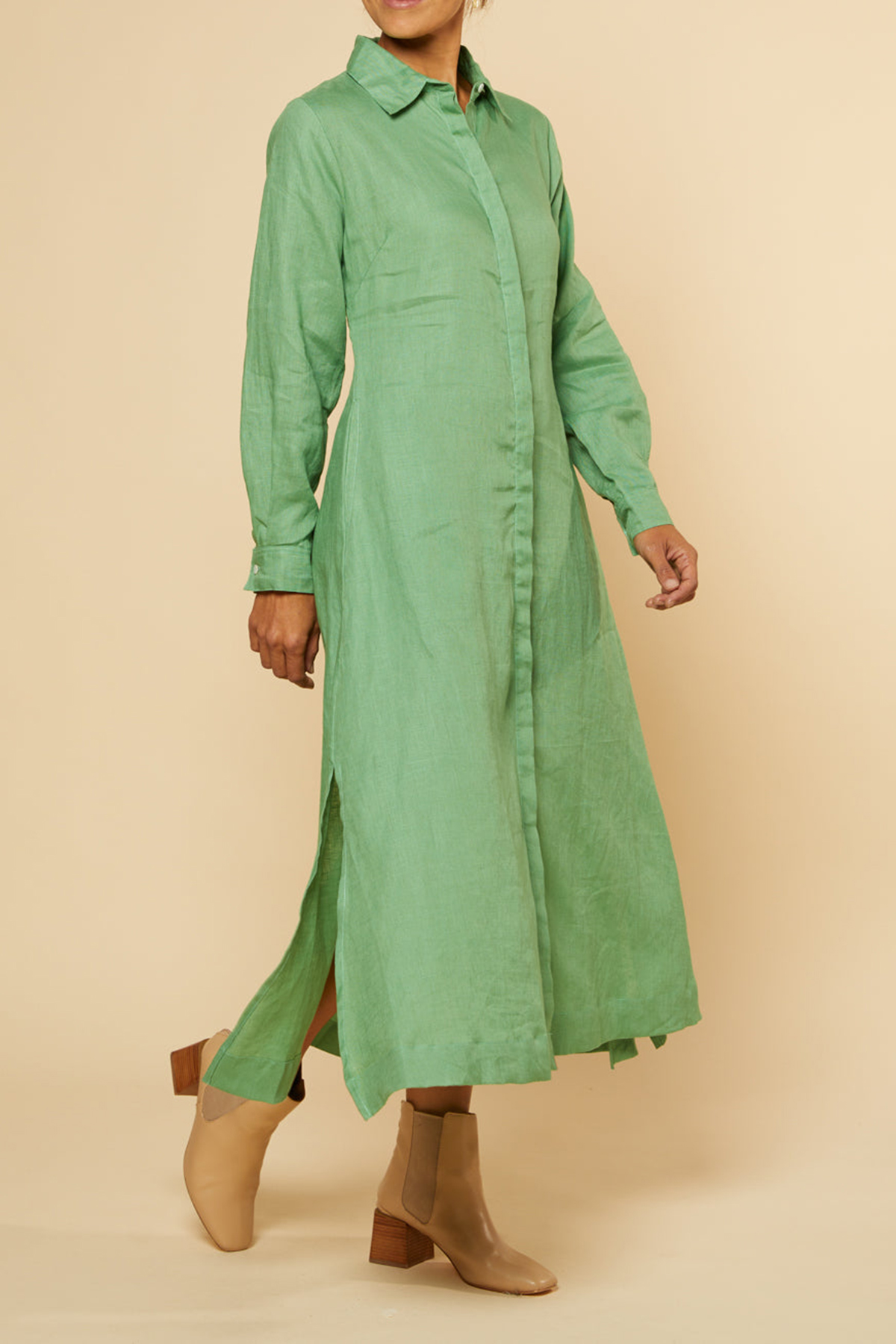 Gracie Long Sleeve Linen Dress in Jadesheen