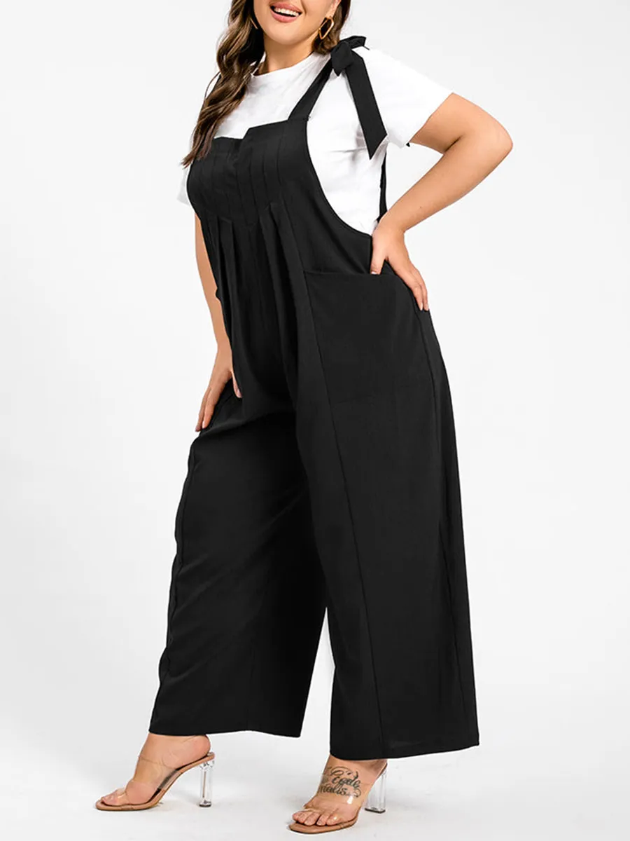 Plus Black Tie Shoulder Pocket Ruched Cami Jumpsuit