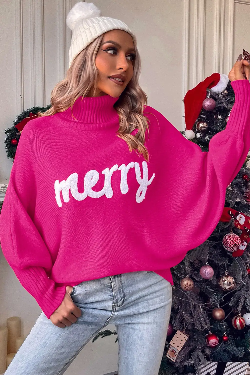 Merry Letter Embroidered High Neck Sweater