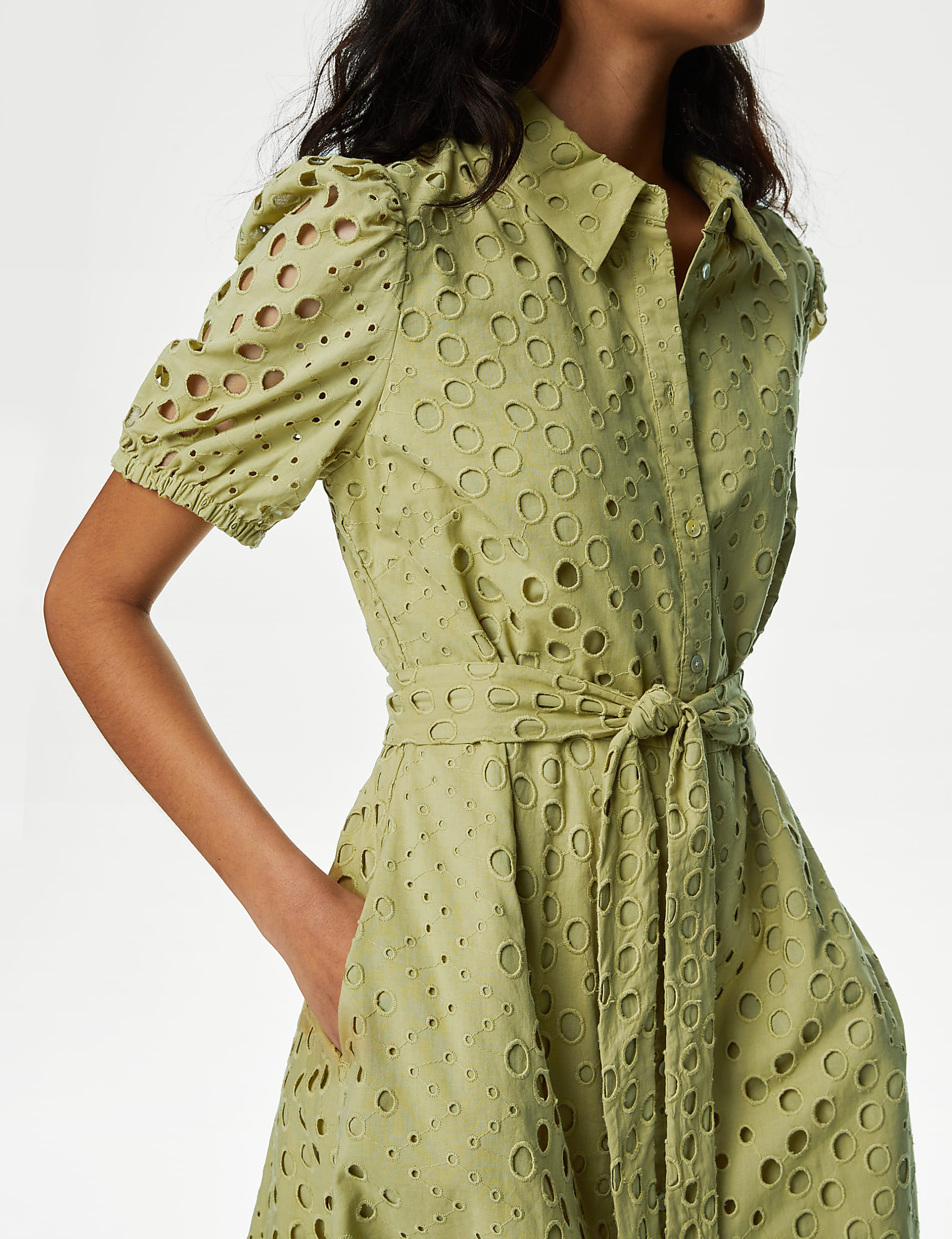 Pure Cotton Broderie Midi Shirt Dress