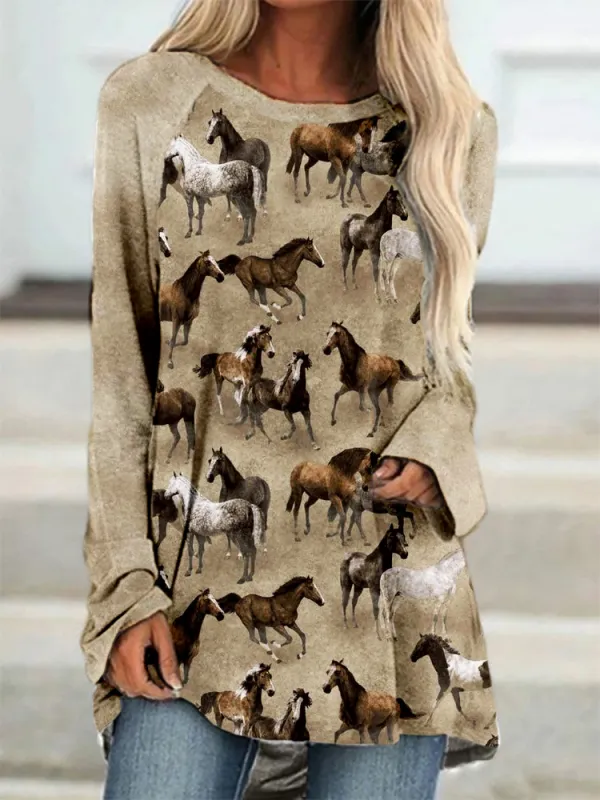 Western Wild Horses Pattern A Line Comfy T Shirt