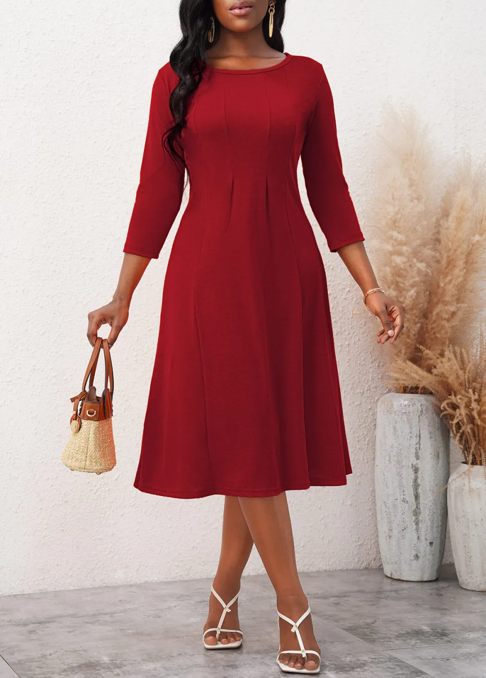 3/4 Sleeve Wine Red Round Neck Dress