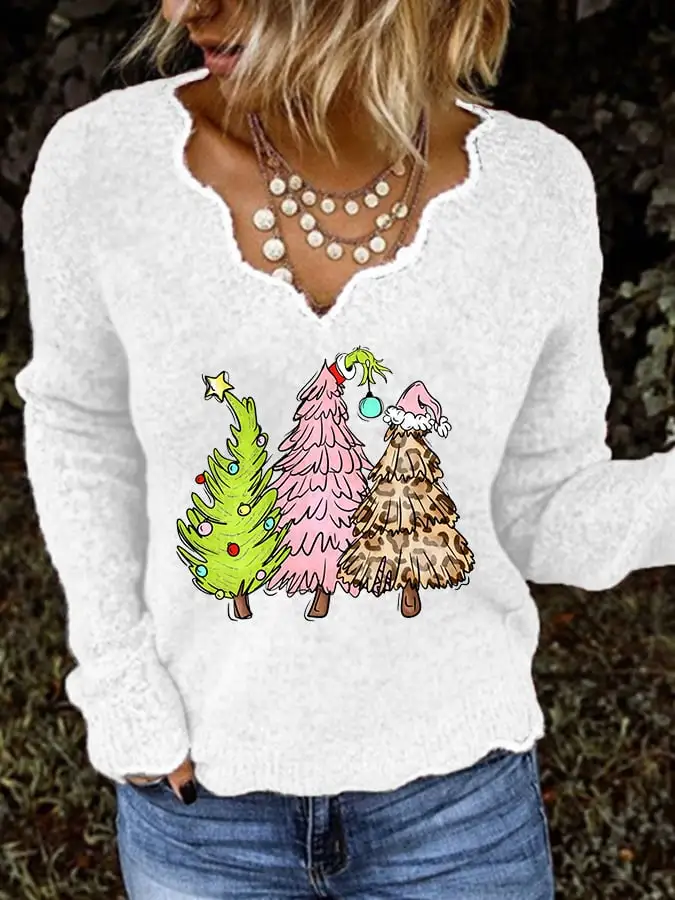 Women's Christmas Tree Print Casual Lace V-Neck Top