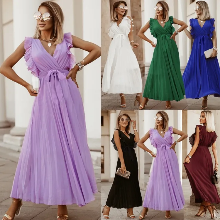 Women Summer Purple Sweet V-neck Sleeveless Solid Chiffon Belted Pleated Long Smock Dress