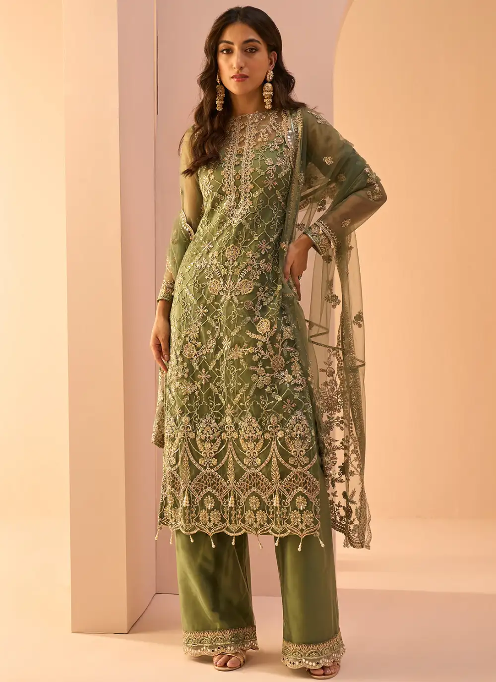 Dusty Green Embroidered Palazzo Suit