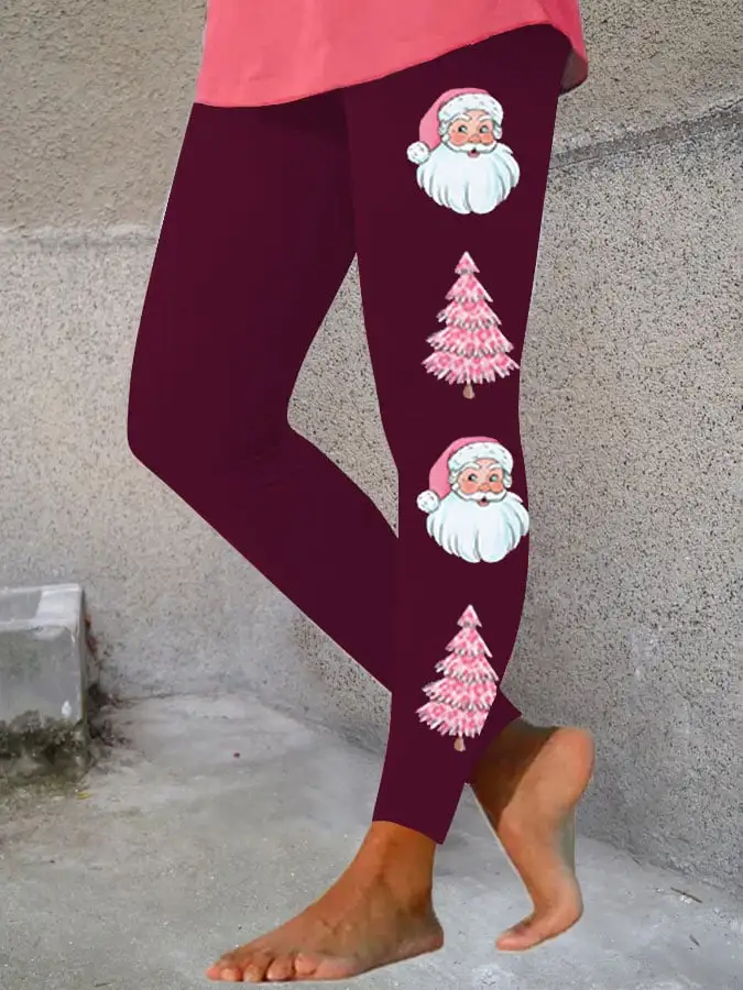 Women's Pink Santa Claus   Tree Print Stretch Leggings