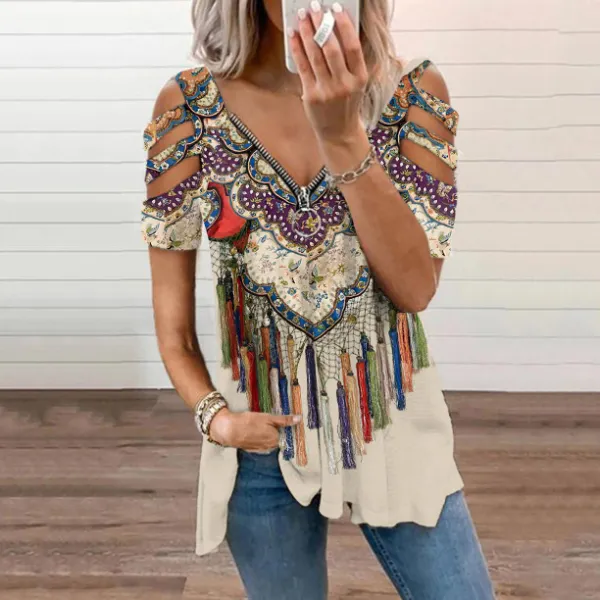 Vintage  Ethnic Pattern Women'S Off-The-Shoulder T-Shirt