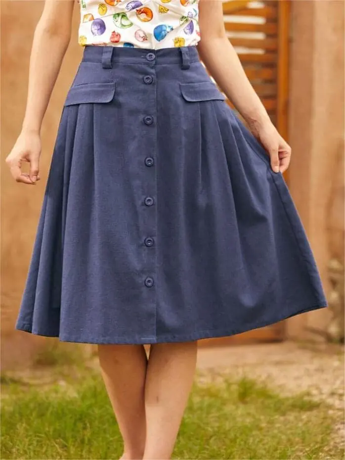 Navy Casual A-Line Button Skirts