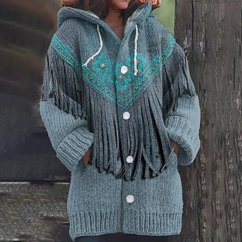 Western Tassel Flower Art Cozy Hooded Cardigan